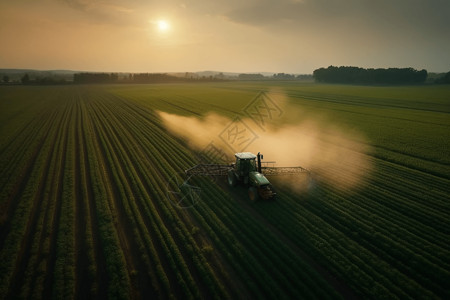 日落时拖拉机向绿色大豆种植园喷洒农药图片