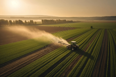 无人机喷洒农药打农药的拖拉机向绿色大豆种植园喷洒背景