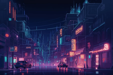 彩色线条城市赛博朋克的城市街道插画