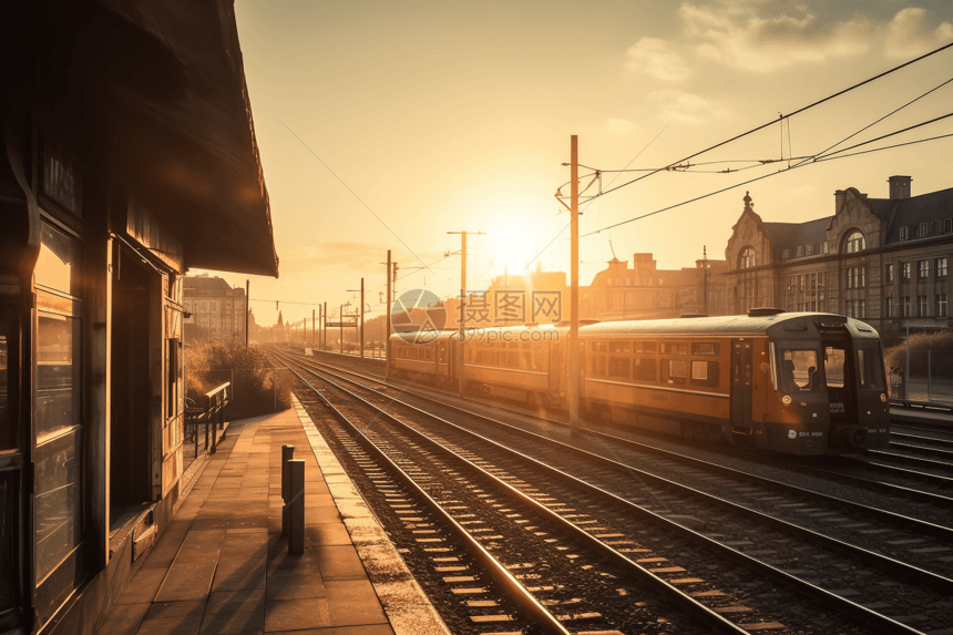 日落时分的城市火车站图片