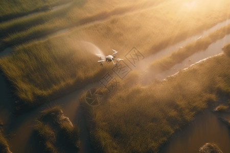 无人机浇灌稻田俯视图图片