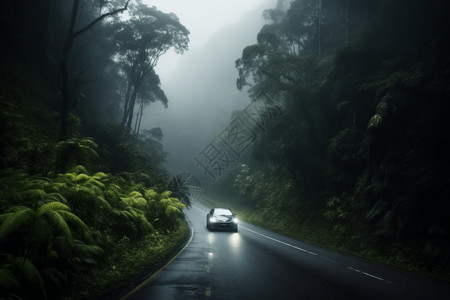 豪华轿车在雨林中道路行驶图片