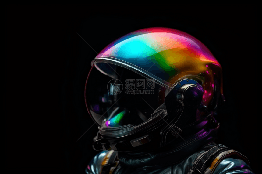 宇航员的头盔在太空的黑暗中反射出彩虹图片