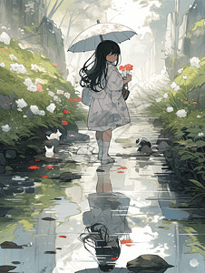 春雨时节在花丛里的小女孩高清图片