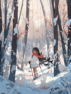 小女孩与兔子在冬天森林里滑雪图片