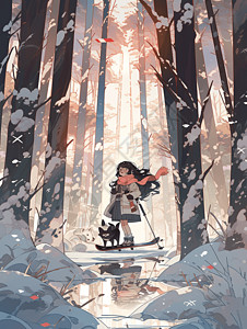 在黑色和白色大雪时节小女孩在冬天森林里滑雪插画