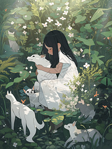 春天多雨的森林小女孩坐在草地上与动物嬉戏图片