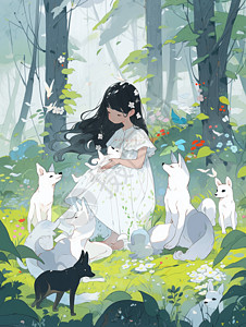 水与鲜花素材清新森林小女孩坐在草地上与动物嬉戏插画