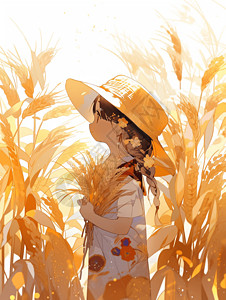 麦穗上的女孩小满芒种时节抱着小麦的小女孩插画