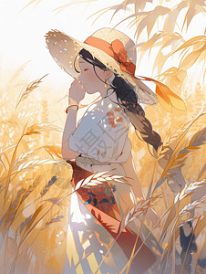 麦穗上的女孩夏天抱着小麦的小女孩插画