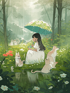 插画森林小女孩坐在草地上图片