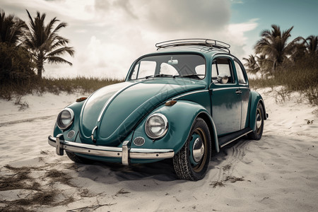 老款的甲壳虫汽车海滩上的老式汽车设计图片