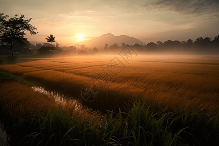 日出黎明的稻田高清图片