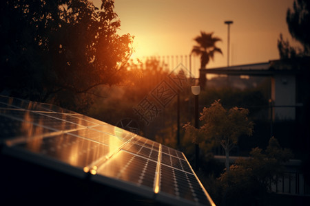 夕阳下住宅屋顶上的太阳能新能源电池板高清图片