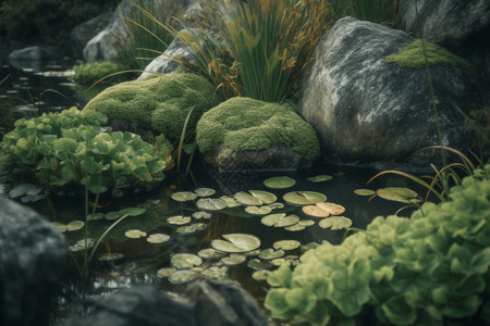 池塘中的水生植物和岩石背景图片