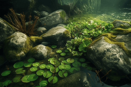 沼泽高清素材池塘中的水生植物和岩石背景