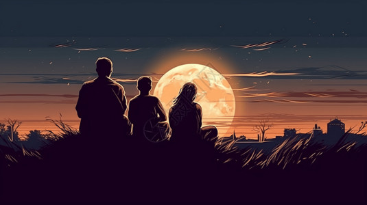 背影夜晚中秋赏月背景设计图片