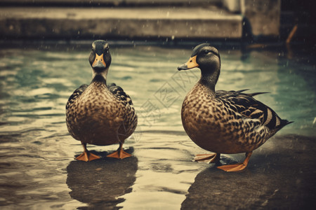 池塘里居民两只鸭子在池塘里设计图片