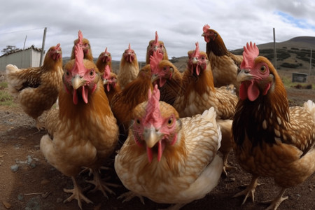 家禽农场一群鸡广角镜头设计图片
