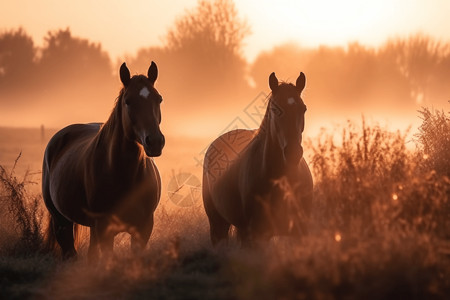 早晨运动远处草地上的马设计图片