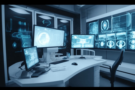 科技主题展板主题: 虚拟医疗监视器。观点: 侧视图。背景: 医学实验室。风格: 干净专业。和照明: 柔和的白光。图片: 4K。，高背景