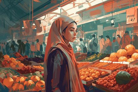 鲜鱼在早市上卖一个女人在繁华的城市市场购物插画