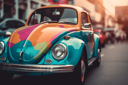 停在城市街道的甲壳虫汽车高清图片