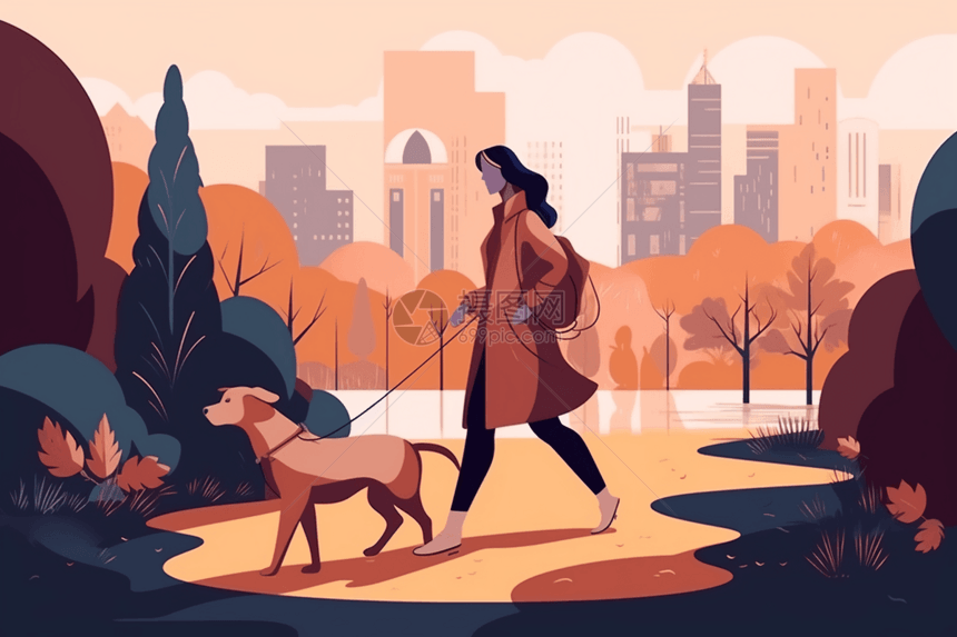一位时尚的年轻女子在城市公园遛狗图片