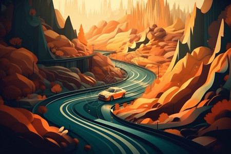 黄昏道路风景一辆汽车驶过蜿蜒的山路插画