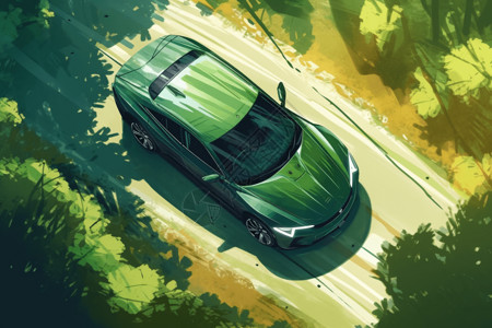 绿色汽车行驶在道路上背景图片