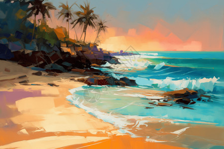 彩色油画海滩图片