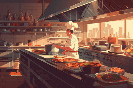 法餐厨师制作料理的厨师插画插画
