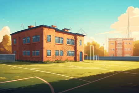 卡通校园建筑足球场背景图片