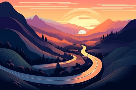 黄昏道路风景黄昏下的山路插画