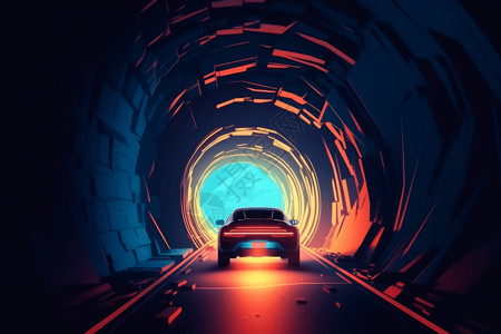 道路尽头汽车穿越隧道插画