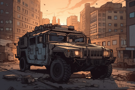 军用汽车城市道路上的悍马汽车插画
