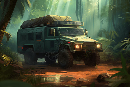 插画风吉普车穿越丛林背景图片