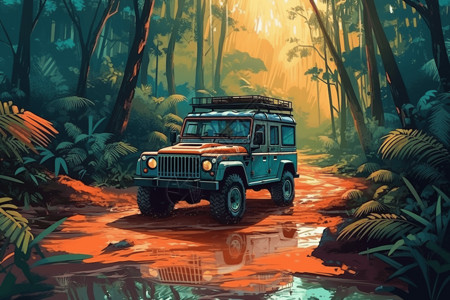 泥泞山路穿越丛林的越野车插画