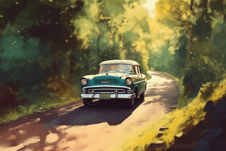 一条道一辆老式汽车在蜿蜒的道路上行驶插画