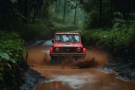 红色越野车驰骋在水坑山路背景图片