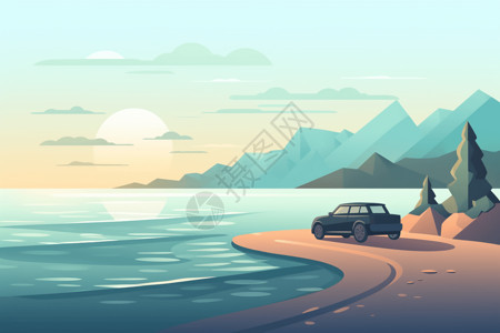 沿海旅游沿海风景的汽车插画