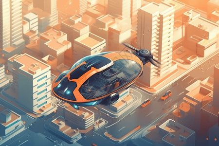 汽车发展未来的无人驾驶飞行汽车插画