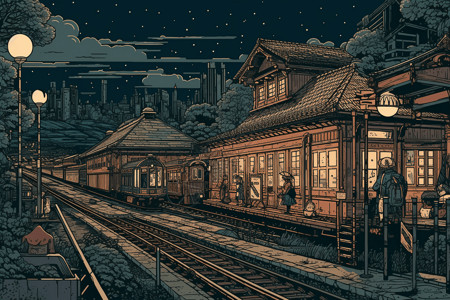 晚上乡村晚上的火车站插图插画