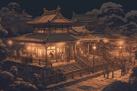 乡村的夜间火车站插画图片