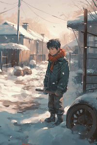 一个玩雪的小男孩图片