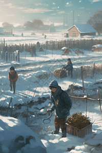 冬季农田小男孩在冬季的农场打雪仗插画