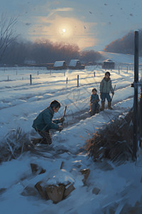 冬季农田小男孩在雪地里打雪仗插画