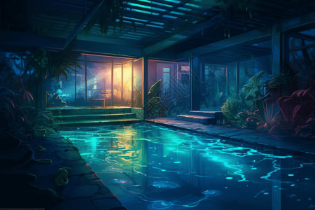 夜晚的泳池插画背景图片