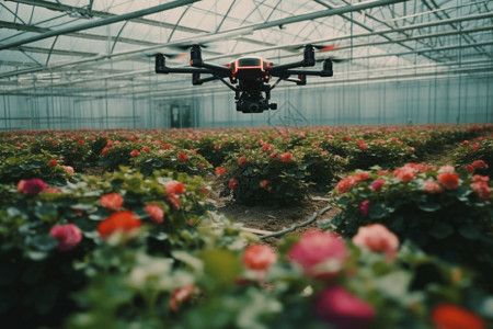 现代农业自动化农业概念插画无人机在温室中检查花朵设计图片