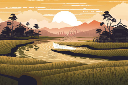 日落的稻田图片